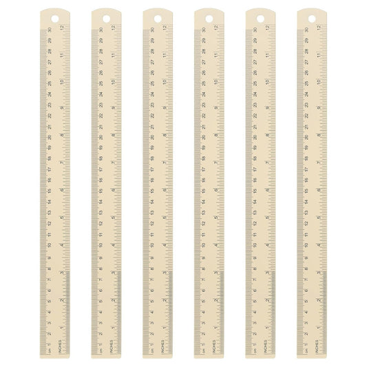 HARFINGTON 6pcs Metal Straight Ruler 30cm Metric SAE Aluminum Alloy Measuring Rulers Scale Tool with Hole for Measure Study Reading Classroom Office, Beige