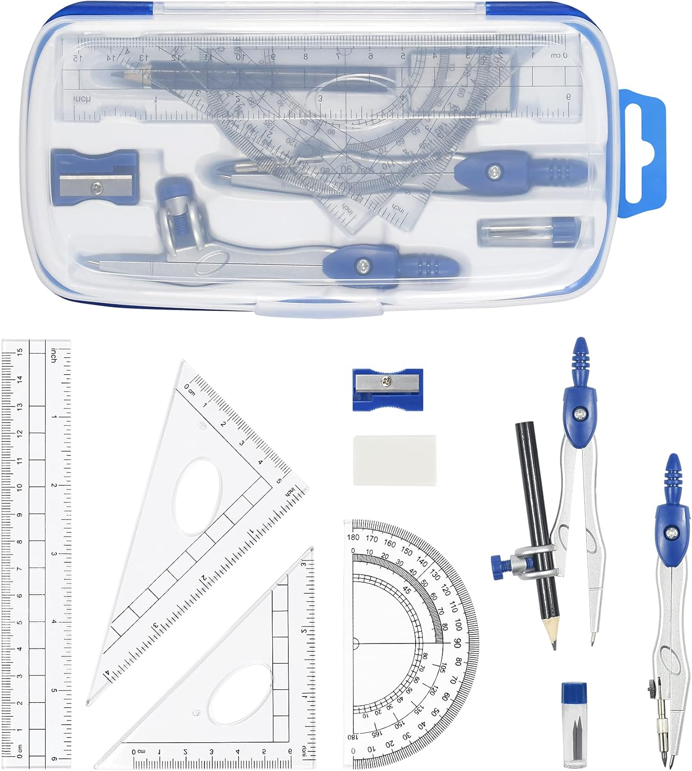 Math Geometry Kit Sets 10 Piece Student Supplies with Shatterproof Storage Box,Includes Rulers,Protractor,Compass,Eraser,Pencil Sharpener,Lead Refills,Pencil,for Drafting and Drawings（Navy blue）