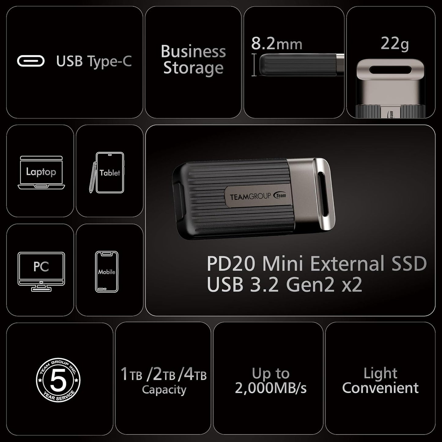 TEAMGROUP PD20 4TB Portable External Solid State Drive SSD Read up to 2000MB/s USB 3.2 Gen2x2 Type-C Waterproof Dustproof IP54 TPSEG5004T0C102