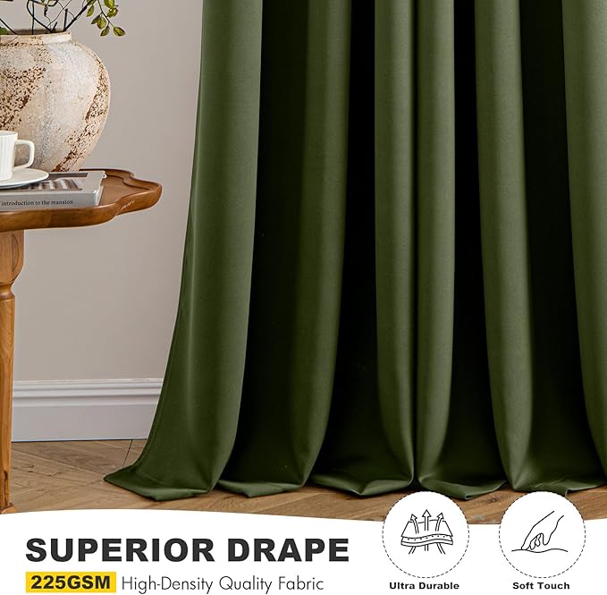 MIULEE Olive Green Blackout Curtains for Bedroom Living Room 72 Inches Long 2 Panels, Thermal Insulated Room Darkening Drapes Solid Grommet Top Noise Reducing Dark Green Window Curtains W40 x L72 Inch