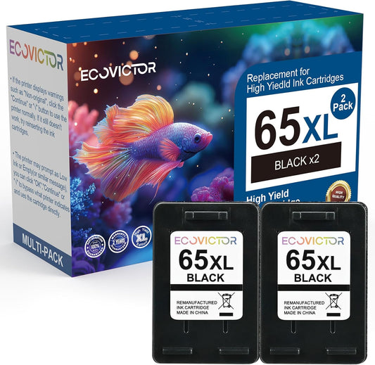 EcoVictor Remanufactured 65XL Ink Cartridges Replacement for HP 65 XL Black Ink Cartridge HP65 HP65XL Compatible Envy 5000 5055 5052 5010 5070 DeskJet 3755 3700 3772 3720 3752 2600 2622 2652 (2 Black)