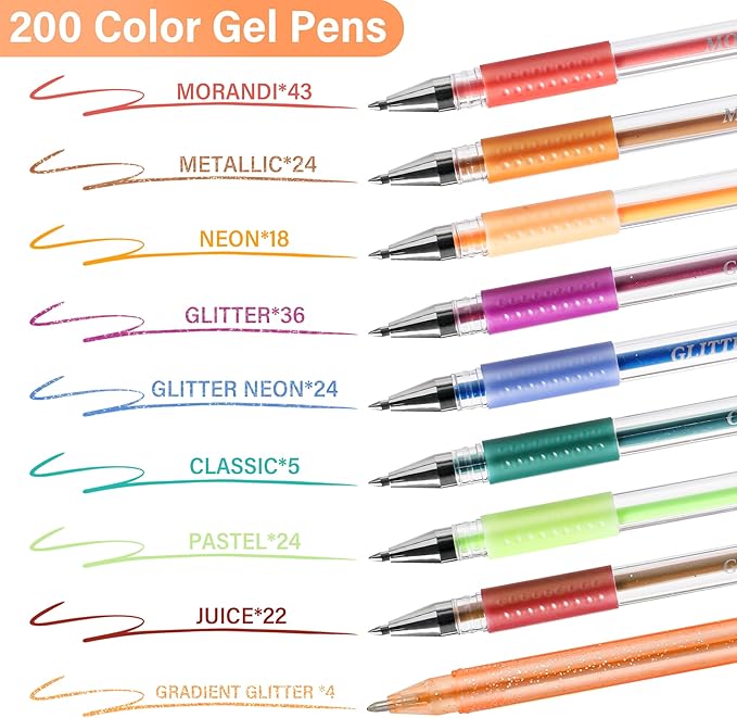400 Pack Gel Pens for Adult Coloring Books, 200 Colored Gel Pen Include 200 Refills with 40% More Ink,Glitter Gel Pens Set for Coloring Books Drawing Journaling Scrapbook Art Supplies