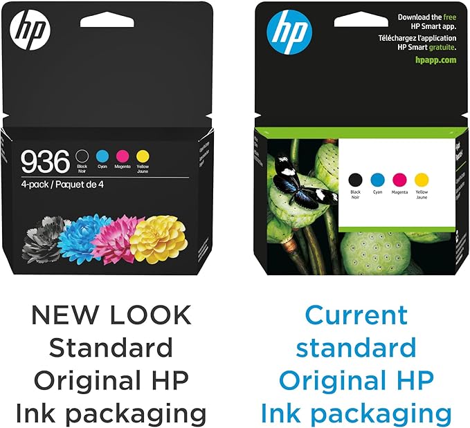 HP 936 Black, Cyan, Magenta, Yellow Ink Cartridges (4-pack) | Works with : OfficeJet 9122e; Pro: 9110b, 9125e, 9128e, 9130b, 9135e; OfficeJet Pro Wide Format 9730e | Eligible for Instant Ink | 6C3Z5LN