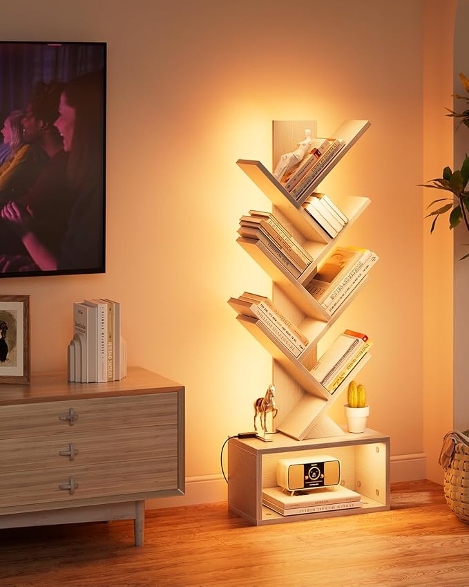 6 Tier Tree Bookshelf with Lights, LED Book Tree Bookcase with Storage Organizer, Small Corner Bookshelf Floor Standing Book Shelf for Living Room, Bedroom & Home Office, White