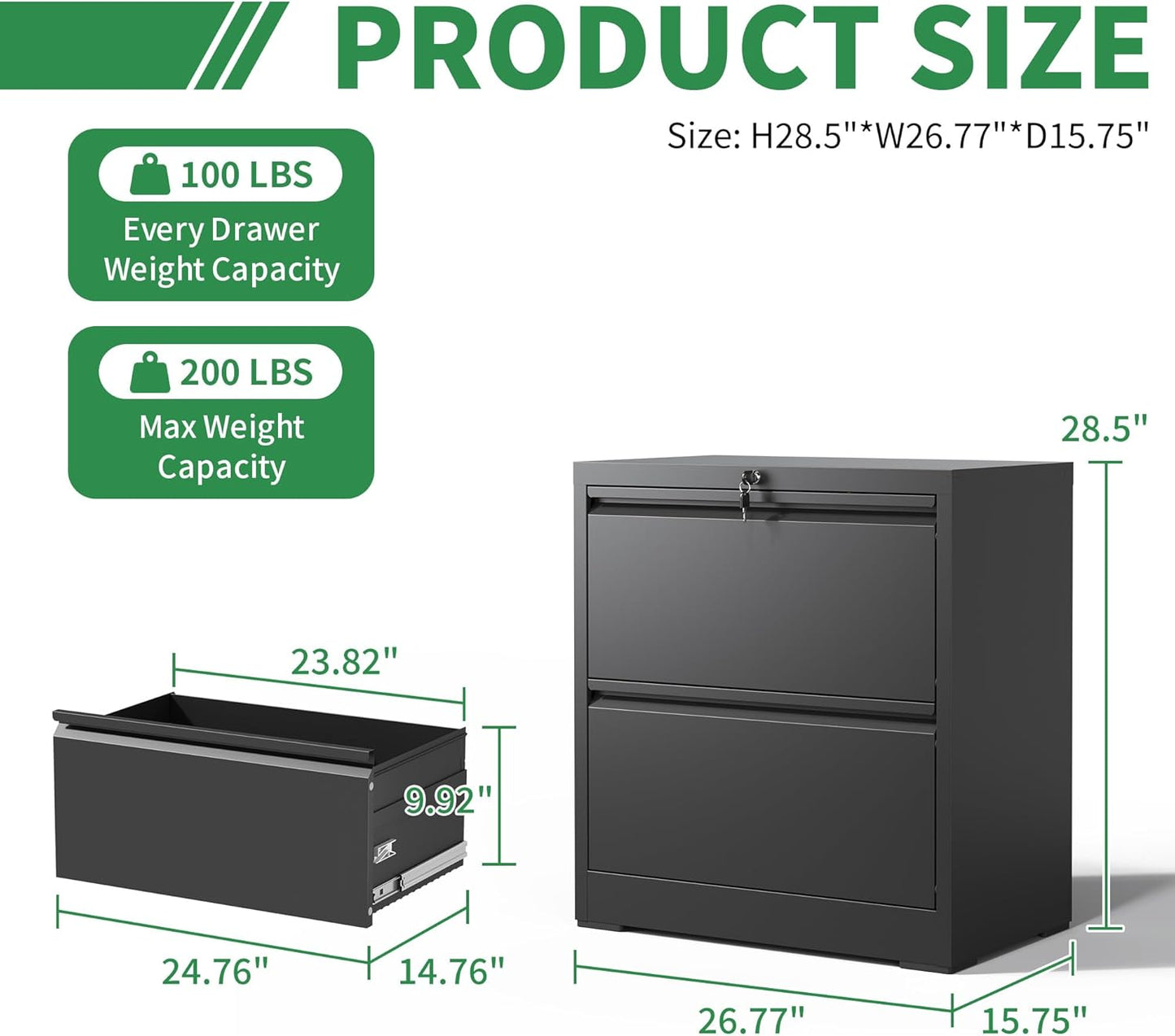 2 Drawer Lateral File Cabinet with Lock, File Cabinets for Home Office Legal/Letter A4 Size, File Cabinet Storage Cabinet,Require Assembly, Black