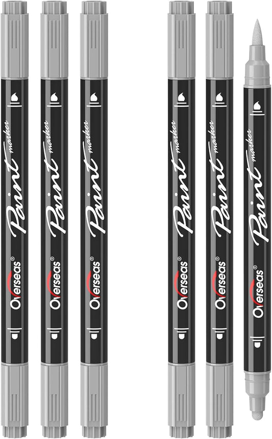 Overseas Silver Acrylic Paint Markers, 6 Pack Dual Tip Paint Pens Acrylic Markers - Dot and Brush Tip Coloring Marker for Wood, Rock, Canvas, Glass, Metal, Plastic, Rubber, Fabric, School Supplies