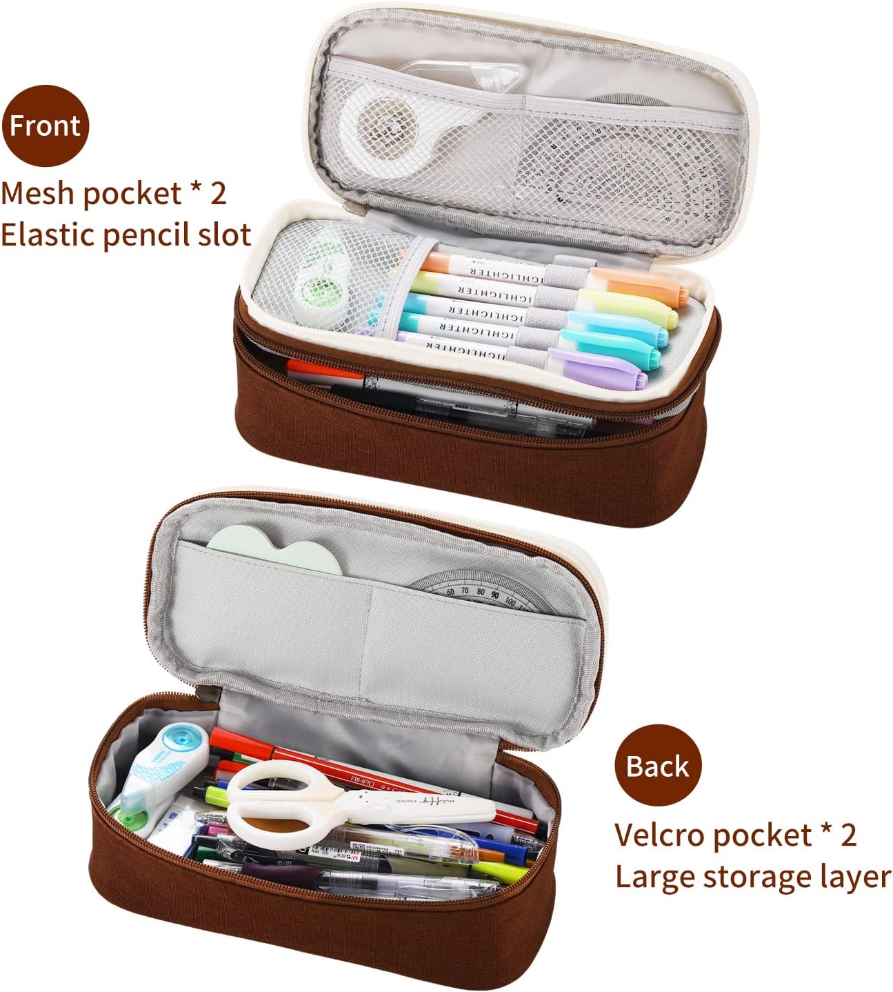 Big Pencil Case Large Capacity Pencil Bag with Zipper Pencil Pouch for Boys Girls Kids Adults Stationery Pencil Pen Case Organizer for School Office Brown1