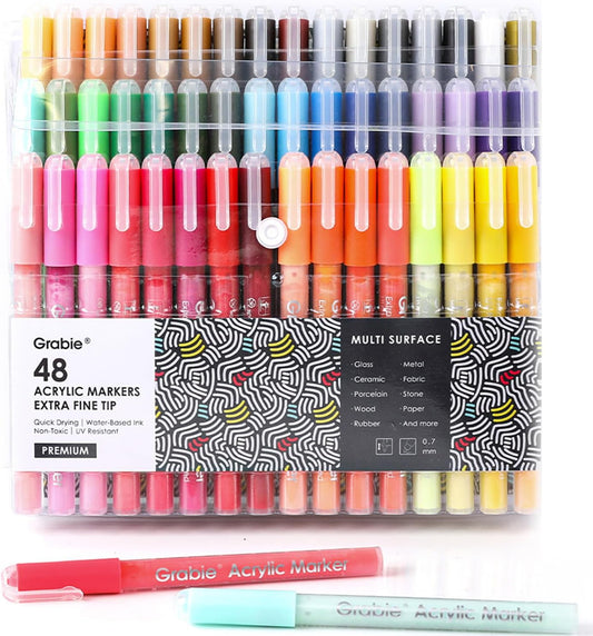 Grabie Acrylic Paint Pens Markers, 48 Colors, 0.7 mm, Extra Fine Tip Drawing Markers, Premium Paint Pens for Painting on Various Surface, Art Supplies