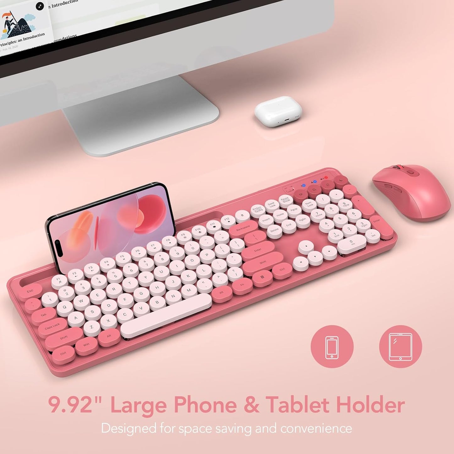 Wireless Keyboard and Mouse Combo, Retro Round Keycap Typewriter Keyboard with Phone/Tablet Holder, Cute Colorful Keyboard for Computer/Laptop/Windows by SABLUTE (Pink)