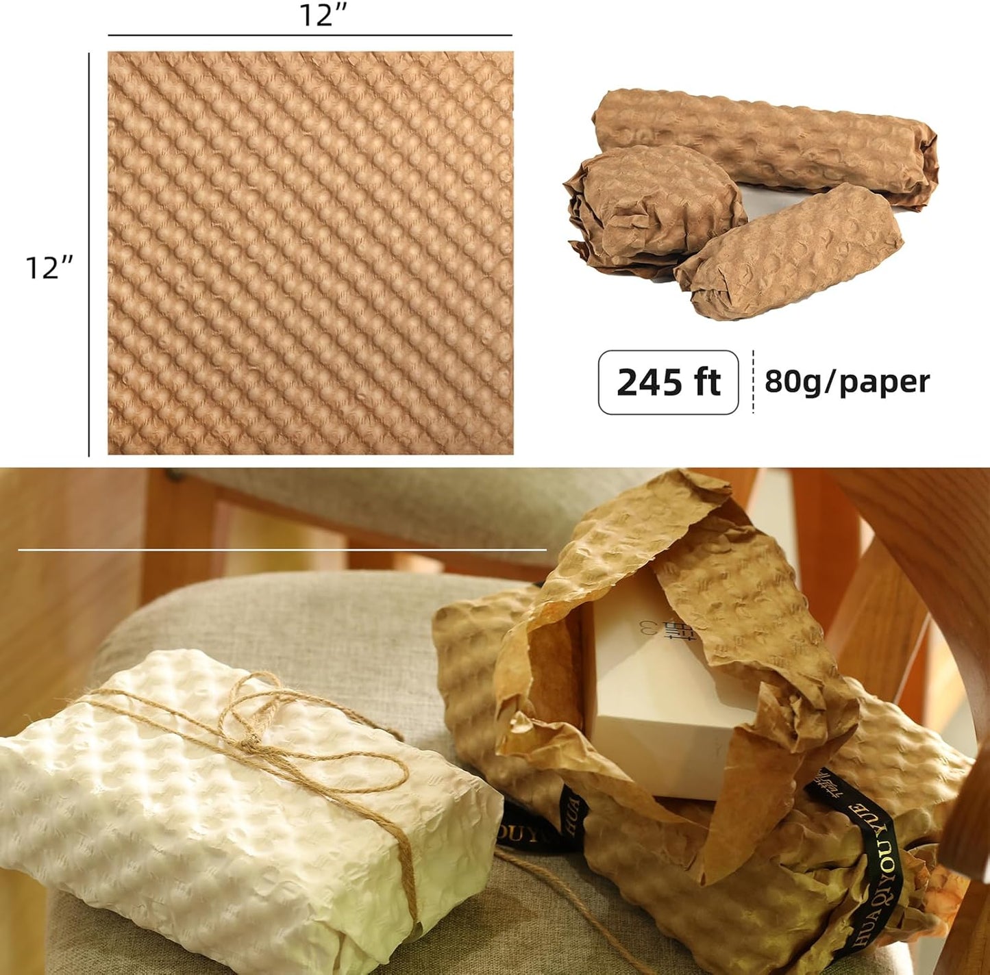 Bubble Paper Wrap 245ft*12in Packing Paper Sheets Durable Kraft Packing Paper for Moving Shipping and Storing Delicate Items Eco Friendly Packing Paper Alternative Paper Filler for Moving Boxes（Brown）