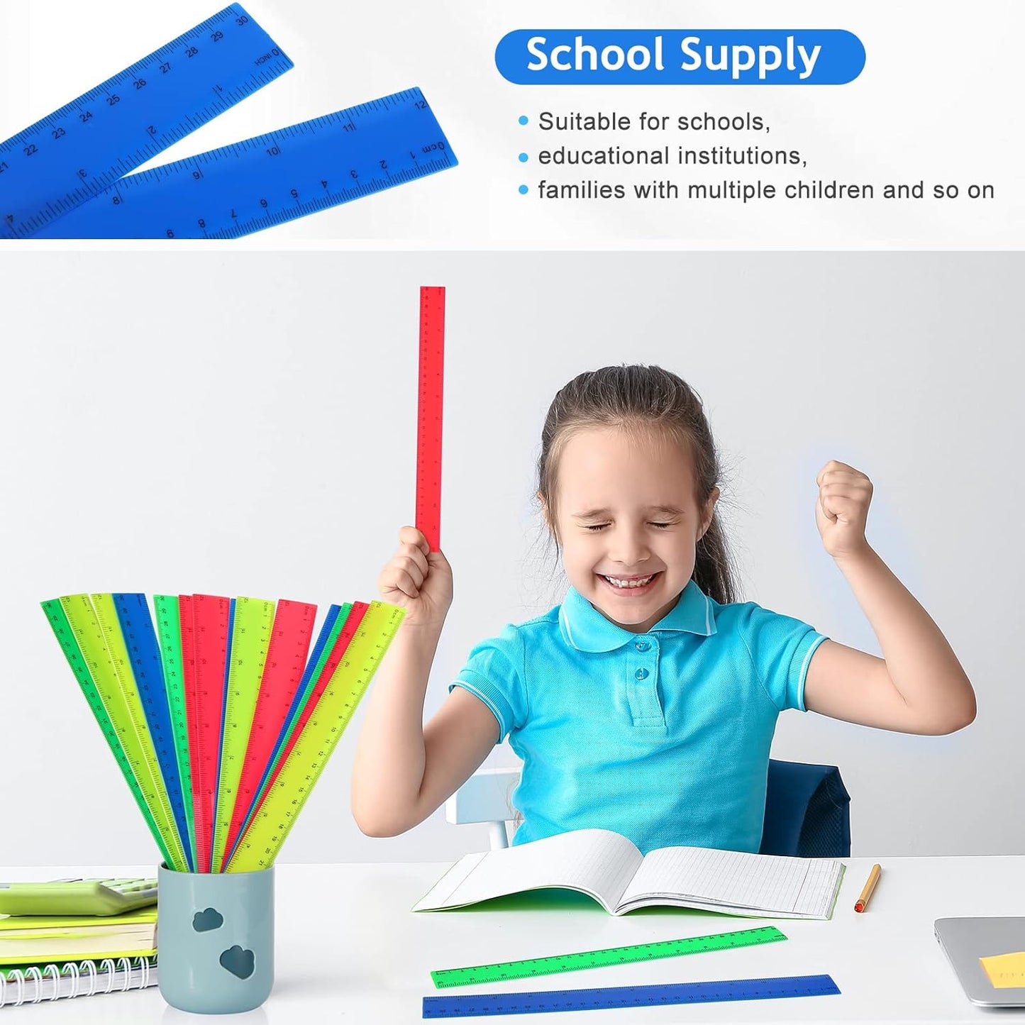 Zonon 100 Pcs 12 Inch Plastic Ruler Assorted Colors Rulers with Centimeters Millimeter and Inches Shatterproof Straightedge Bulk for Classroom School Home Office Kids(Plastic,Yellow, Green, Blue, Red)