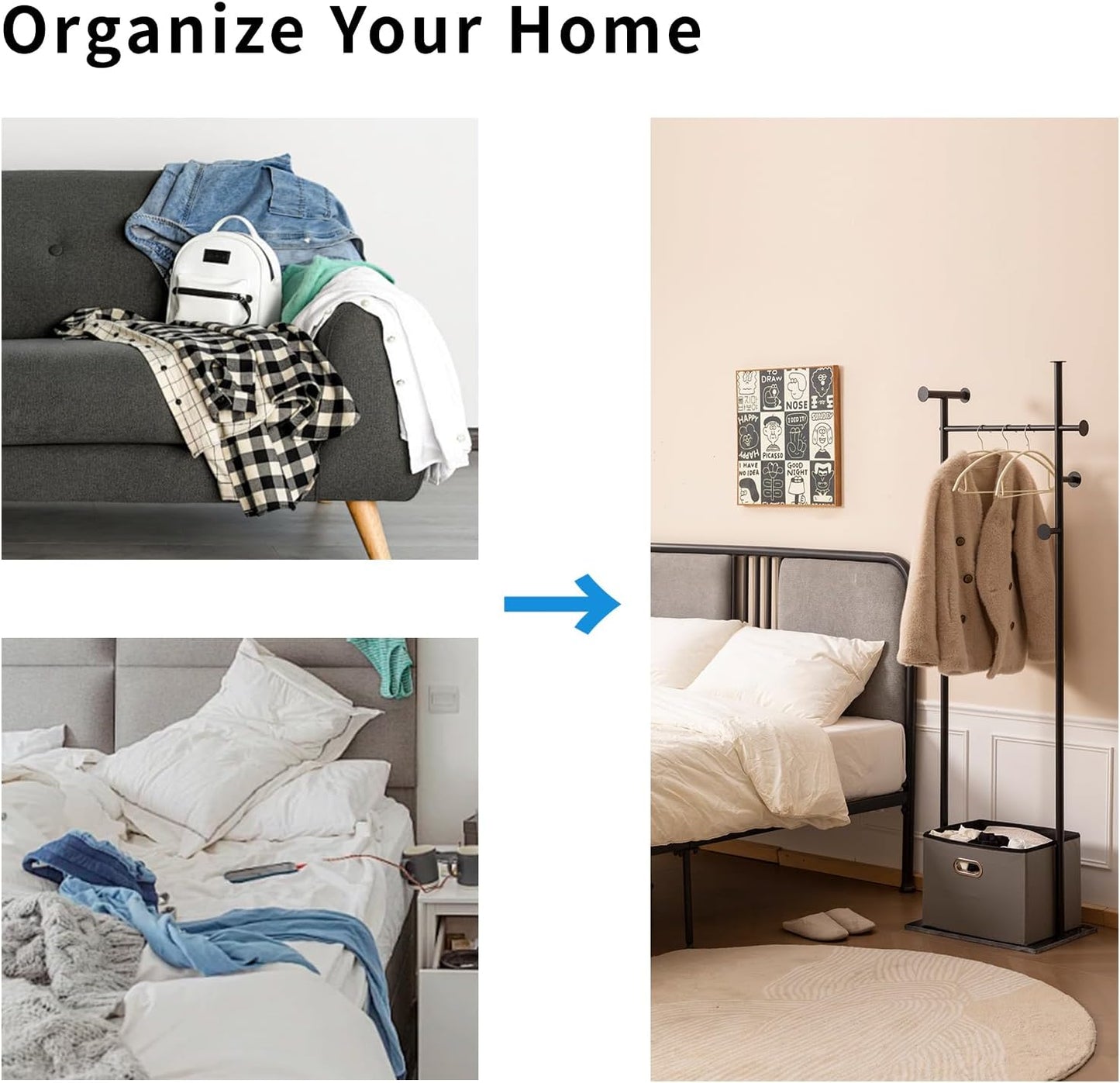 Coat Rack Freestanding with Storage Basket Heavy Duty Clothes Rack Marble Base Modern Coat Stand for Bedroom Living Room Hotel 13.39" D x 19.69" W x 68.9" H (Black)