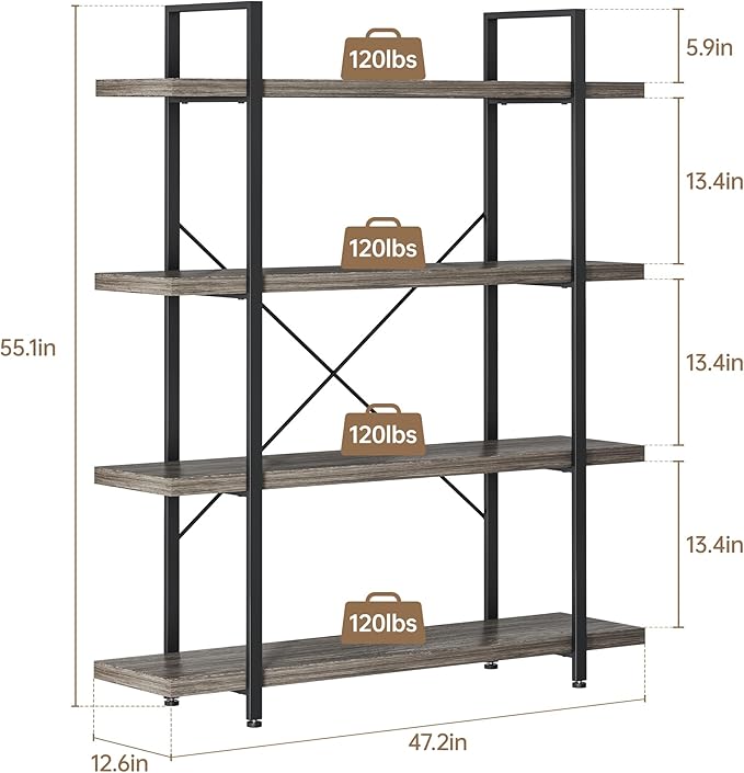 Bookshelf Set of 2, Heavy Duty 4-Tier Industrial Bookcase, 47" Wide Wood Bookshelf for Home Office, 120lbs Shelf Capacity, Rustic Display with Horizontal Shelf for Living Room Bedroom,Grey