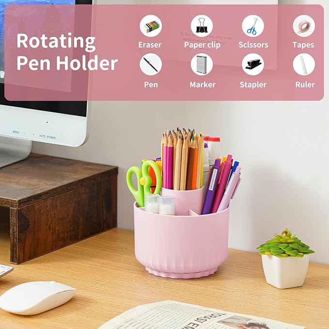 Marbrasse Desk Organizer - 360-Degree Rotating Pen Pencil Holder with 5 Compartments, Art Supply Storage Box Caddy for Office and Home (Pink)