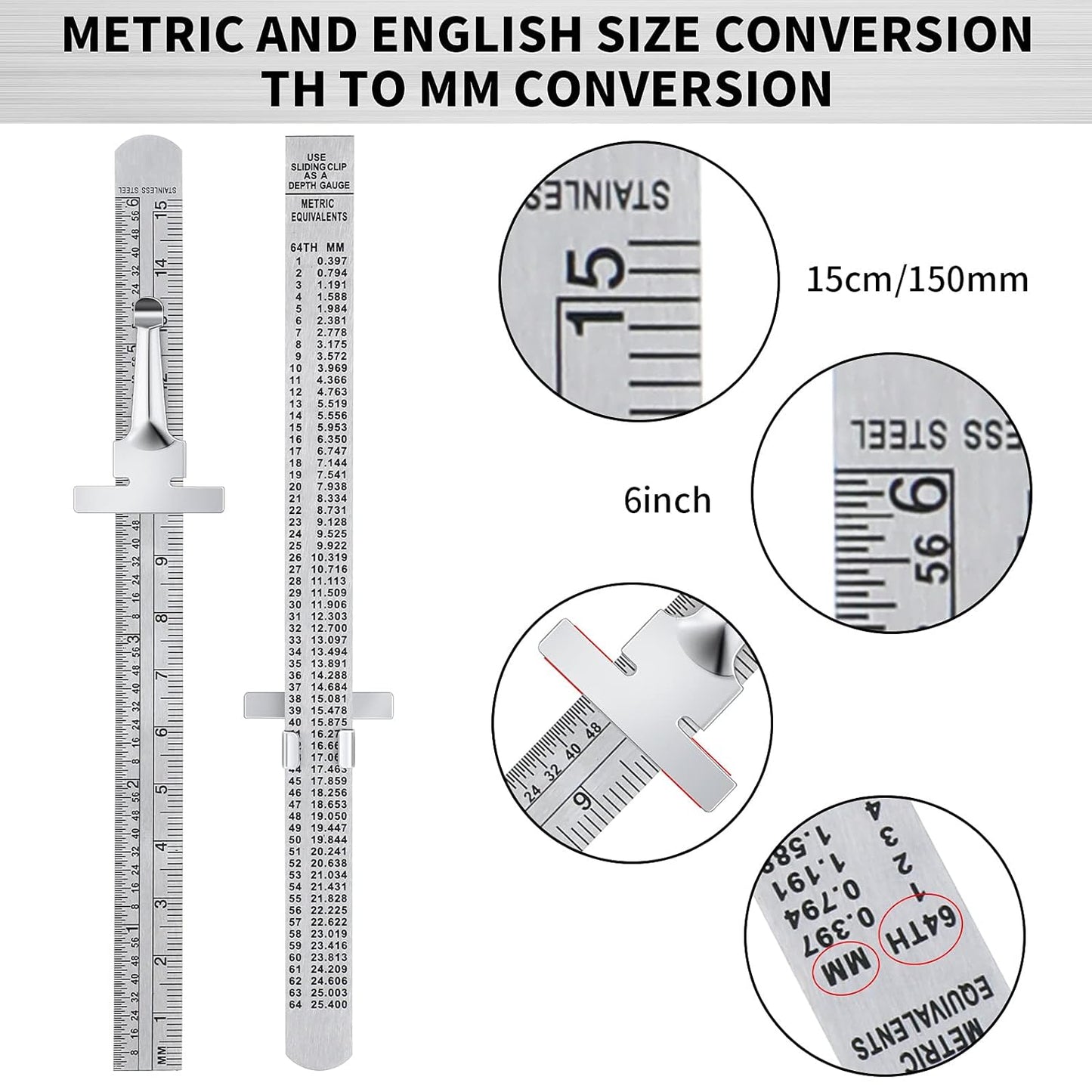 6 Inch 15 cm Pocket Ruler Flexible Precision Stainless Steel Ruler with Detachable Clips Stainless Steel Pocket Clip Scale Gauge Metric British System(2 Pieces)