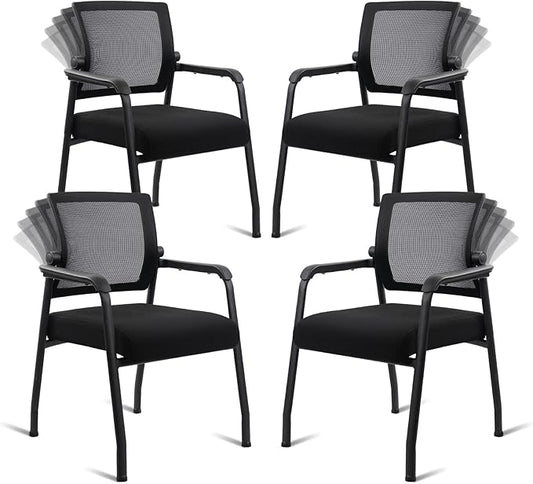 Desk Chair No Wheels with Adjustable Mesh Backrest, Arm Chair with Ergonomic Lumbar Support and Thickened Seats Cushion, Waiting Room Chairs for Office School Church Guest Reception, 4PACK