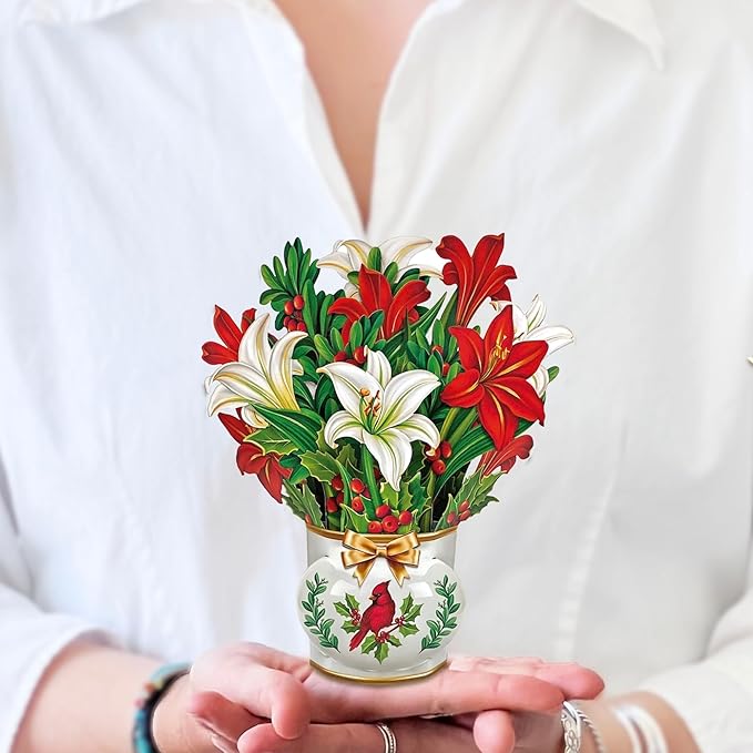 Freshcut Paper Pop Up Cards, Mini Winter Joy, 6 Inch Mini Sized Forever Flower Bouquet 3D Popup Greeting Cards, Christmas Card, Holiday Card, Blank Notecard & Envelope