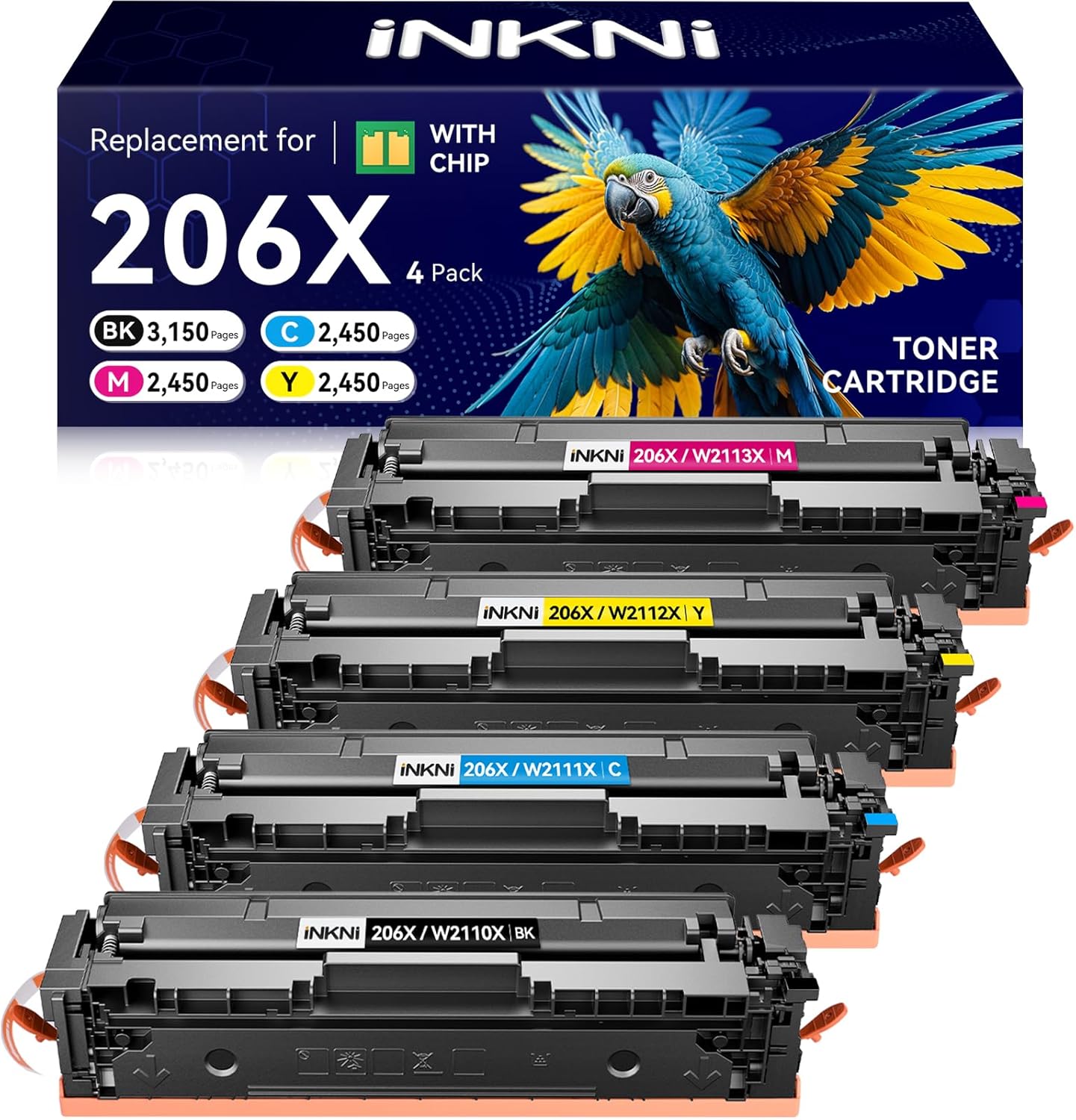 206X Toner Cartridges 4 Pack High Yield - with Chip Compatible Replacement for HP 206X 206A for Color Laserjet Pro MFP M283fdw M283cdw M283fdn M282nw Pro M255dw M255nw Ink Cartridges W2110X W2110A