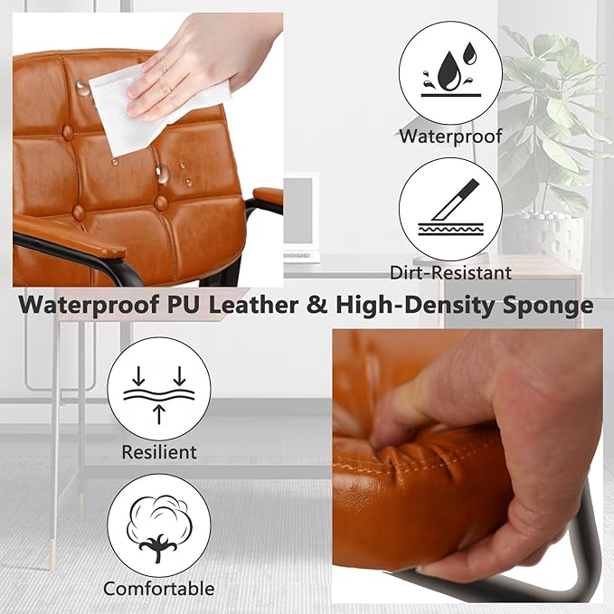 CLATINA Office Guest Chair, Leather Reception Chairs with Padded Arms, Desk Chair No Wheels Stationary for Conference Lobby Waiting Room Training Side Elderly, Set of 2-Orange