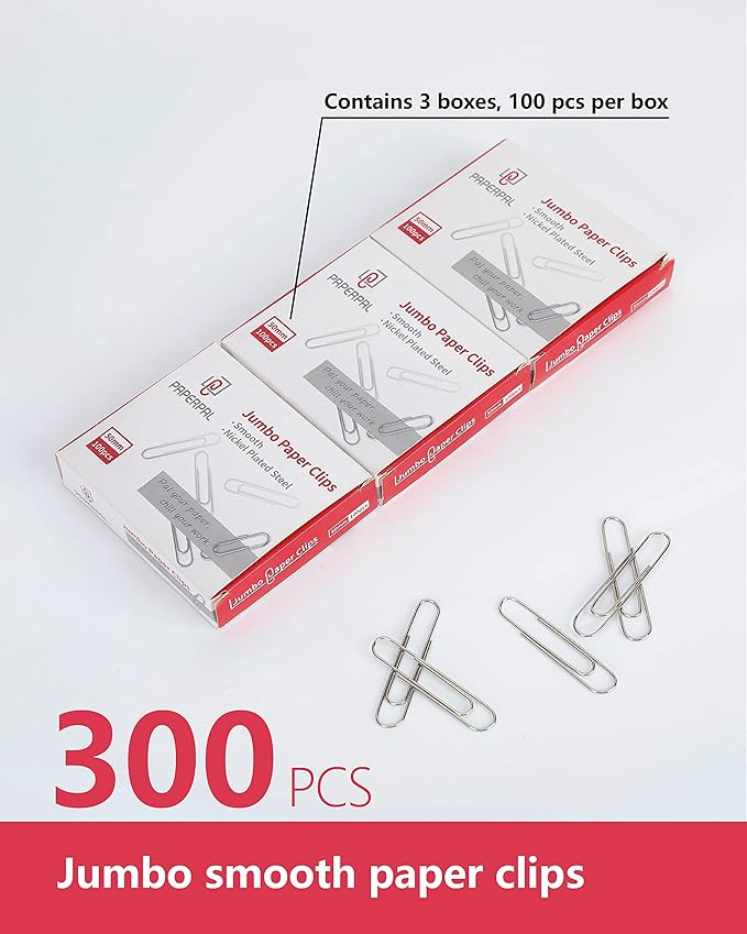 PAPERPAL Jumbo Paper Clips Smooth, 300 Large Paperclips (3 Boxes of 100 Each), Paperclips for Office School & Personal Use, Daily DIY, 2" Silver Paper Clips Jumbo Size