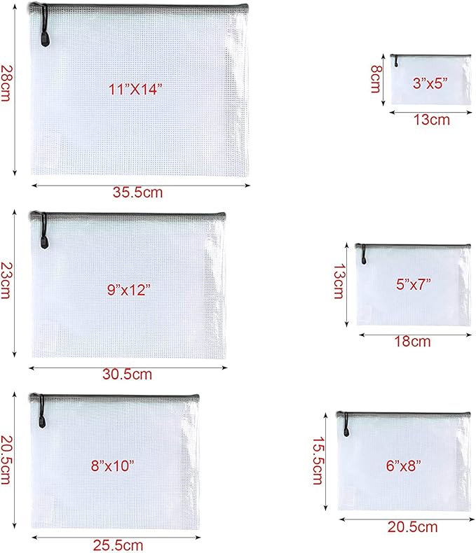 Oaimyy-18 Pcs,Plastic Mesh Zipper Pouch Document Folders Bag Zipper Zip File Folders for Office Supplies, Travel,Organizing Storage (6 Sizes, Black)