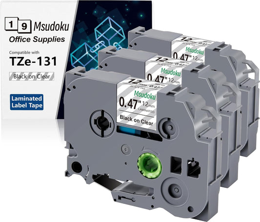 Tze Tz Tape 12mm 0.47 Laminated Clear Compatible for Brother P Touch Label Maker TZe-131 TZe131 for PT D200 D210 D220 D400, Black on Clear, 1/2 Inch x 26.2 Feet, 3-Pack