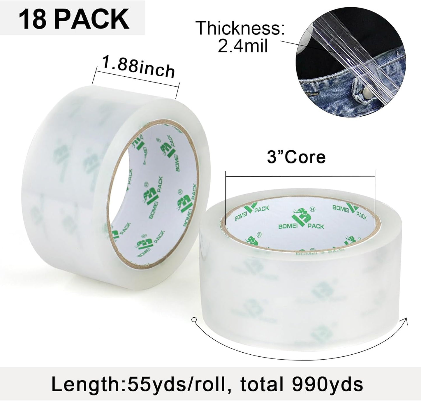 BOMEI PACK Clear Silent Packing Tape 18 Rolls, NO Noise Quiet Tape Refill Rolls for Shipping, Moving and Packaging, 2.4Mil 1.88Inch 55Yards