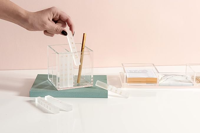 russell+hazel Acrylic Perpetual Calendar and Pencil Bloc Two Compartment Pen Cup, Office Supplies, Clear, 4” x 4”