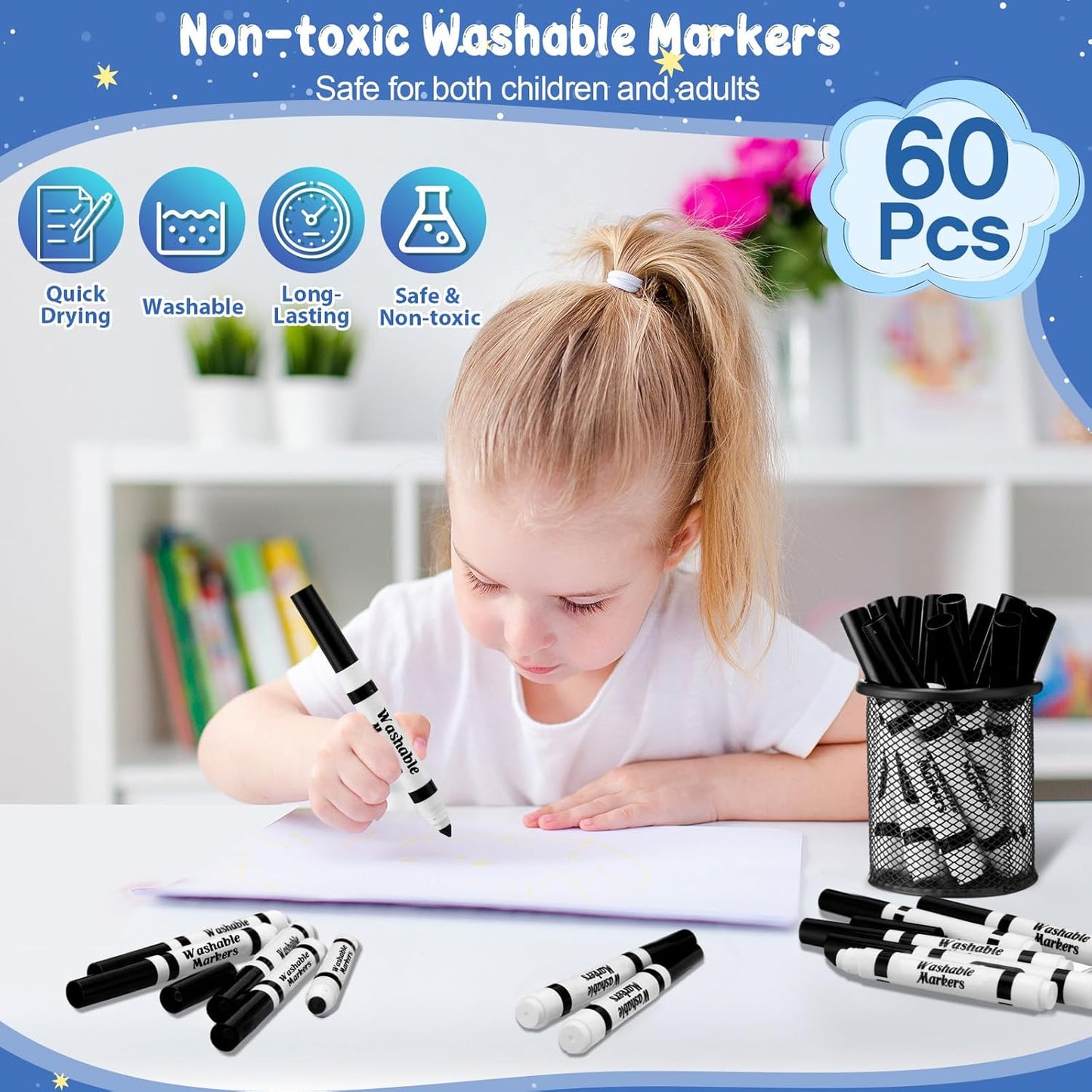 Janlaugh 60 Pcs Black Washable Markers Bulk Coloring Broad Line Markers for Kids Conical Tip Black Drawing Pens for Classroom Back to School Travel Art Baby Shower Gender Reveal Supplies, Ages 6+