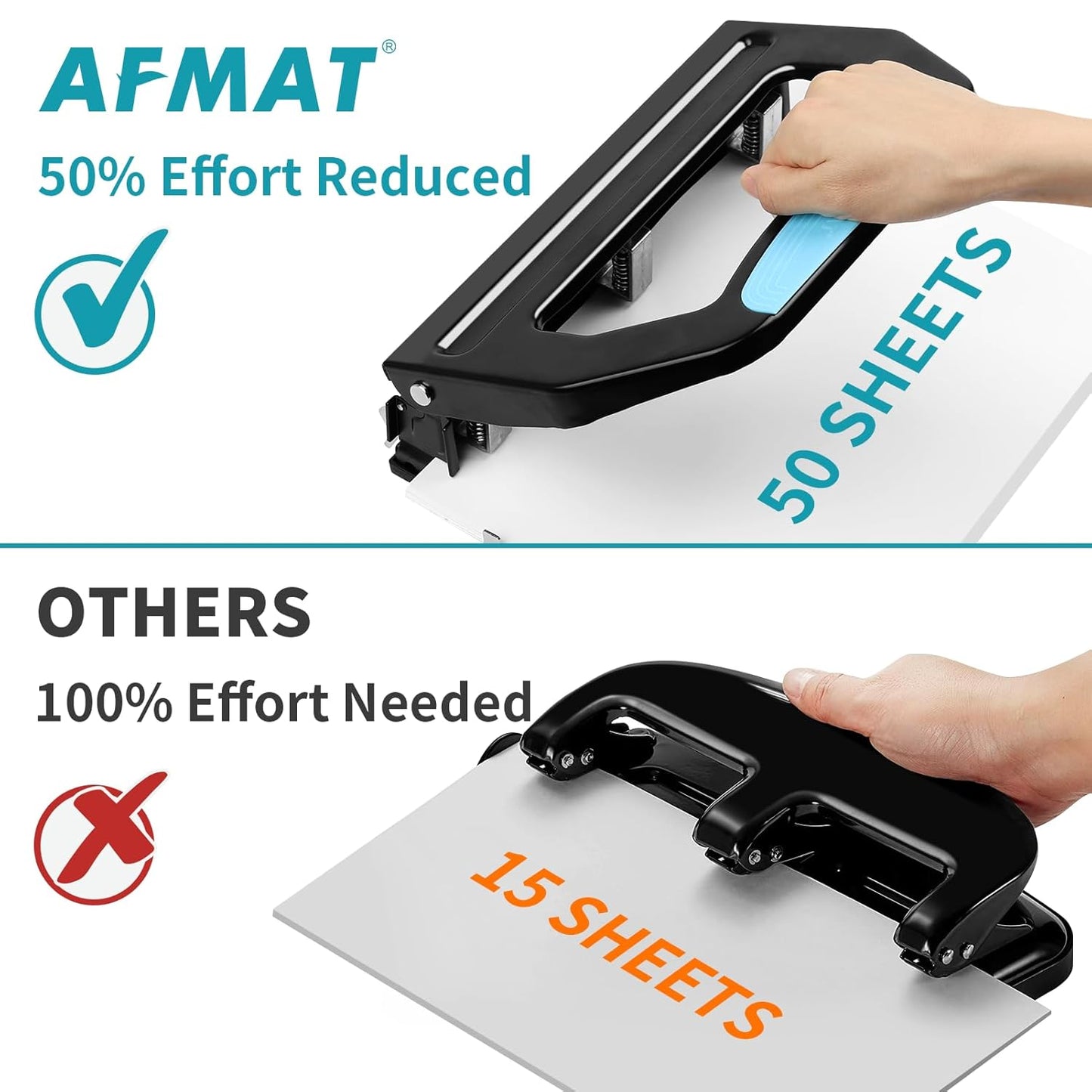 AFMAT Heavy Duty 3 Hole Punch, 50-Sheet, 50% Reduced Effort, Adjustable Two & Three Hole Punch, Metal Paper Puncher w/Large Chip Tray, Metal Paper Guide, Black