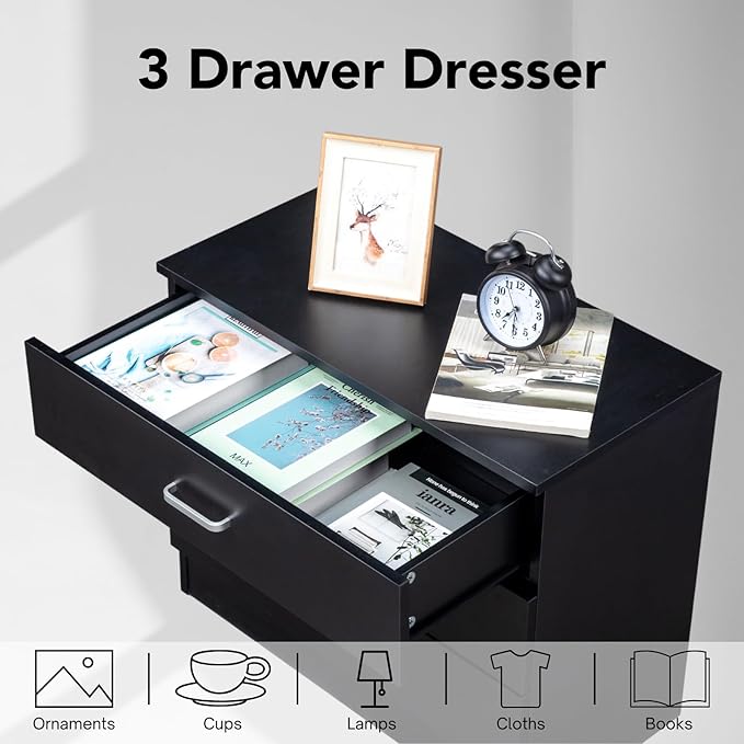Karl home 3 Drawer Dresser, Modern Storage Chest of Drawers, Wood Bedside Table Night Table for Bedroom,Living Room (Black)