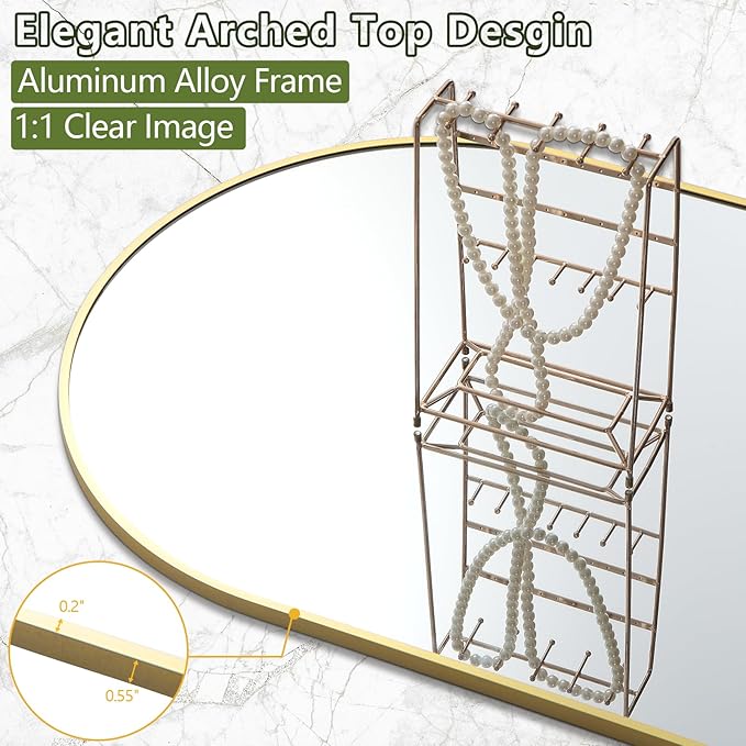 MELOMOIR Gold Mirror Full Length, 56"x18" Arched Floor Mirror Freestanding Leaning Hanging, Thin Aluminum Frame, for Living Room Bedroom Cloakroom Hallway, Gold