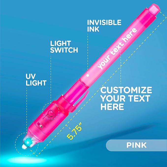 Personalized Invisible Disappearing Ink Pen Marker, Custom Secret Spy Message Writer with UV Light, Fun Activity Entertainment for Kid Party Favors Ideas Gifts and Stock Stuffers, 24 Pack, Pink