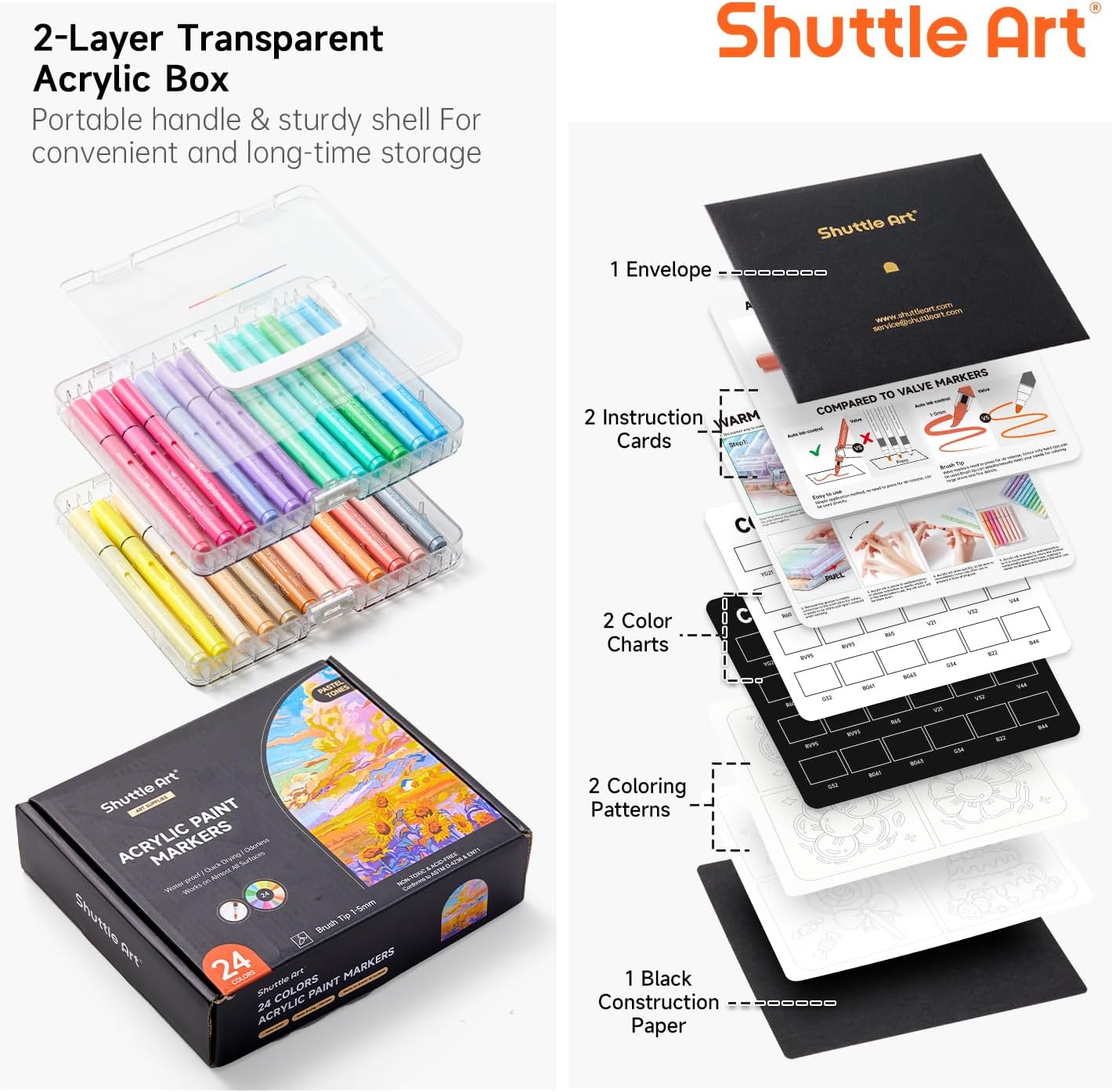 Shuttle Art Automatic Ink Control Acrylic Paint Markers, 24 Pastel Colors Brush Tip Acrylic Paint Pens for Rock Painting, Ceramic, Wood, Canvas, Glass, Stone, Fabric, Card Making, DIY & Art Supplies