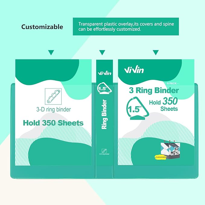 ViVin Sturdy 1.5 Inch 3 Ring Binder with Pockets, Slant-D Ring, PVC-Free, Customizable Clear View Binder,Holds 350 Sheets of 8.5" x 11" Paper, 6 Pack (Assorted)