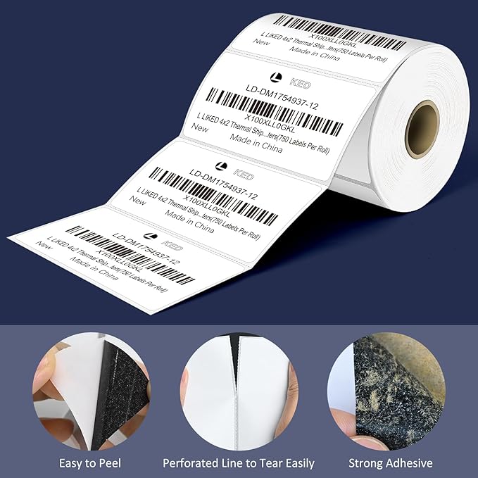 L LIKED 4" x 2" Direct Thermal Labels, Permanent Adhesive Barcode Shipping Labels & Compatible with Rollo, Zebra and Other Desktop Printers (1 Roll, 750 Labels)