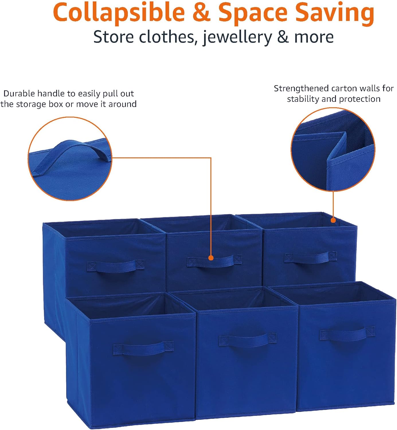 Amazon Basics Cube Organizer Storage Bins Handles, Collapsible Fabric, Pack of 6, 10.5"x10.5"x11", Navy