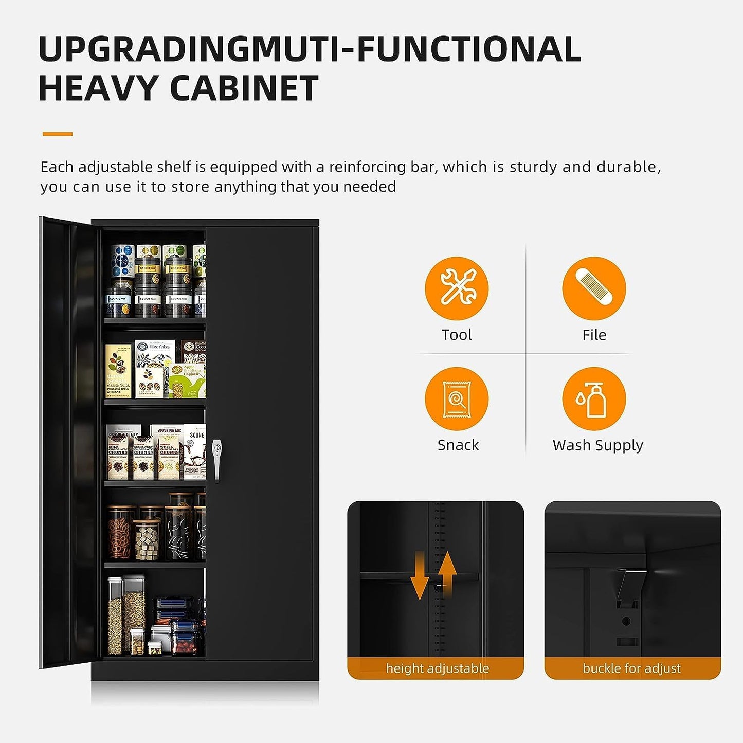 INTERGREAT Black Metal Storage Cabinet with Lock, 72" Tall Lockable Garage Storage Cabinet with Doors and Shelves, Cabinets for Home Office, Warehouse