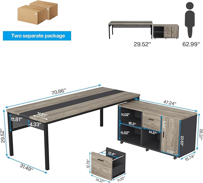 Tribesigns 70.8" Large Executive Office Desk and 47" Lateral File Cabinet Combo, L-Shaped Computer Desk Business Furniture with Drawers and Shelves, Home Office Workstation, Grey & Black