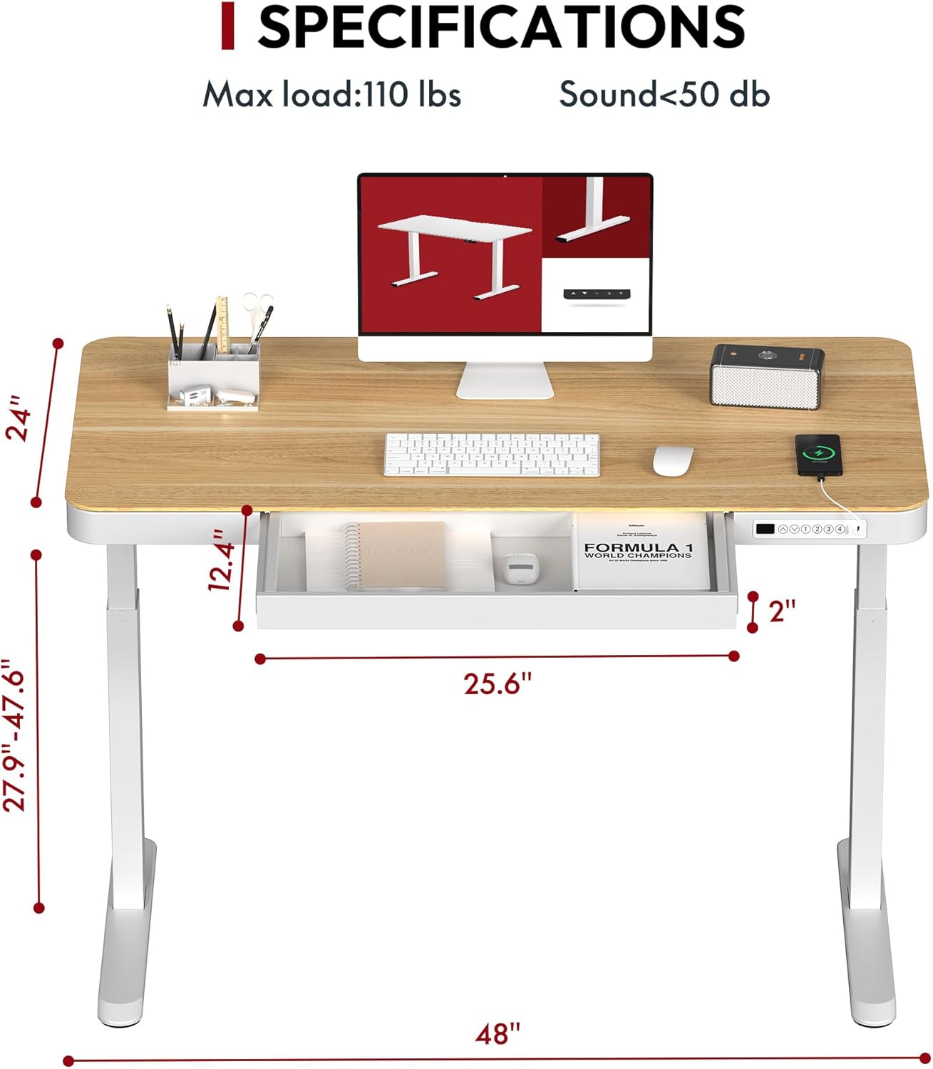 Standing Desk with Drawer, Electric Height Adjustable Home Office Desk with Storage & USB Ports, 48 inch Maple Wood Tabletop/White Frame