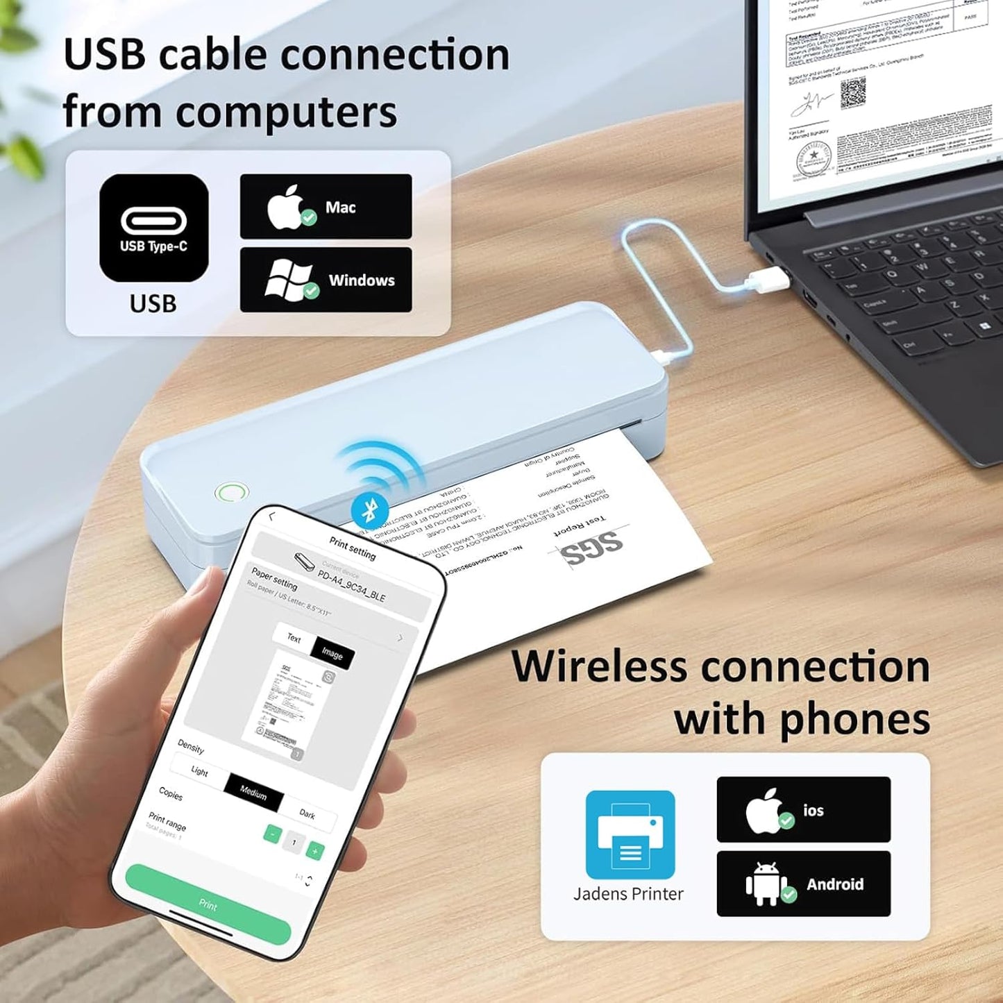 Inkless Portable Printer for Travel, Wireless Thermal Printer Supports 8.5" x 11" US Letter Size, Bluetooth Machine Includes Carry Case and 3 Rolls of Thermal Paper Kit, Blue