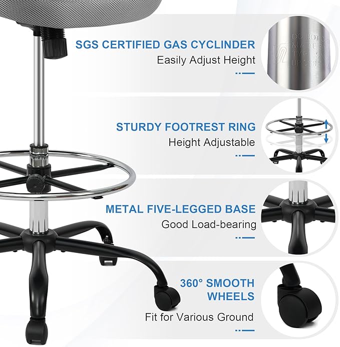 HYLONE Tall Drafting Chair Standing Desk Chair with Flip-Up Armrests, Adjustable Height Ergonomic Office Chair with Footrest Ring - High Stool Chair for Standing Desk (Brown)