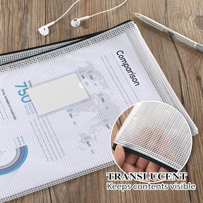 Sooez 20 Pack Mesh Zipper Pouch with Label Pocket, Plastic Zip File Folders, Letter Size A4 Zipper Document Bag for School Office Supplies, Black