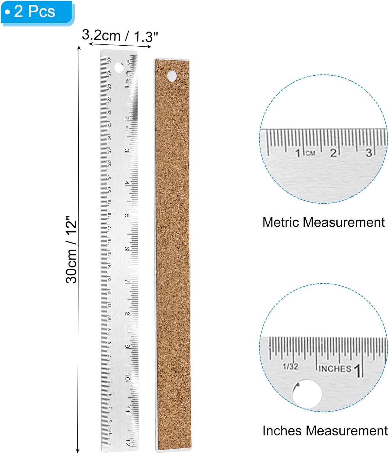 PATIKIL 12 Inch Stainless Steel Ruler Straight Edge Ruler, 2 Pcs Cork Backing Non-Slip Metal Ruler with Inches Centimeter Metric Measuring Tools for Office