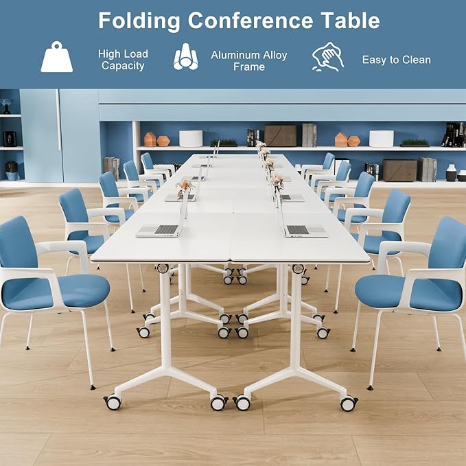 2Pack Folding Conference Room Table, Modern Conference Tables with Silent Wheels, Large Rectangular Mobile Training Tables for Office Classroom, Foldable Modular Seminar Table White (L63in)