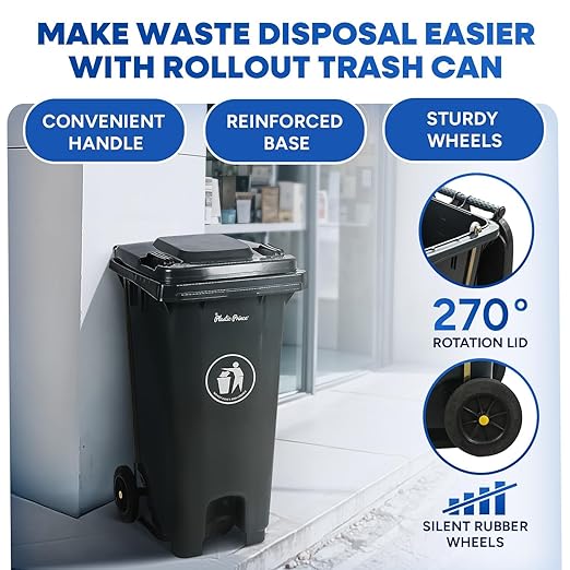 32 Gallon Step-On Large Outdoor Trash Can with Lid and Wheels - Outside Plastic Rolling Garbage Can - Rollout Commercial Heavy-Duty Container Barrel, Gray 2 Pack