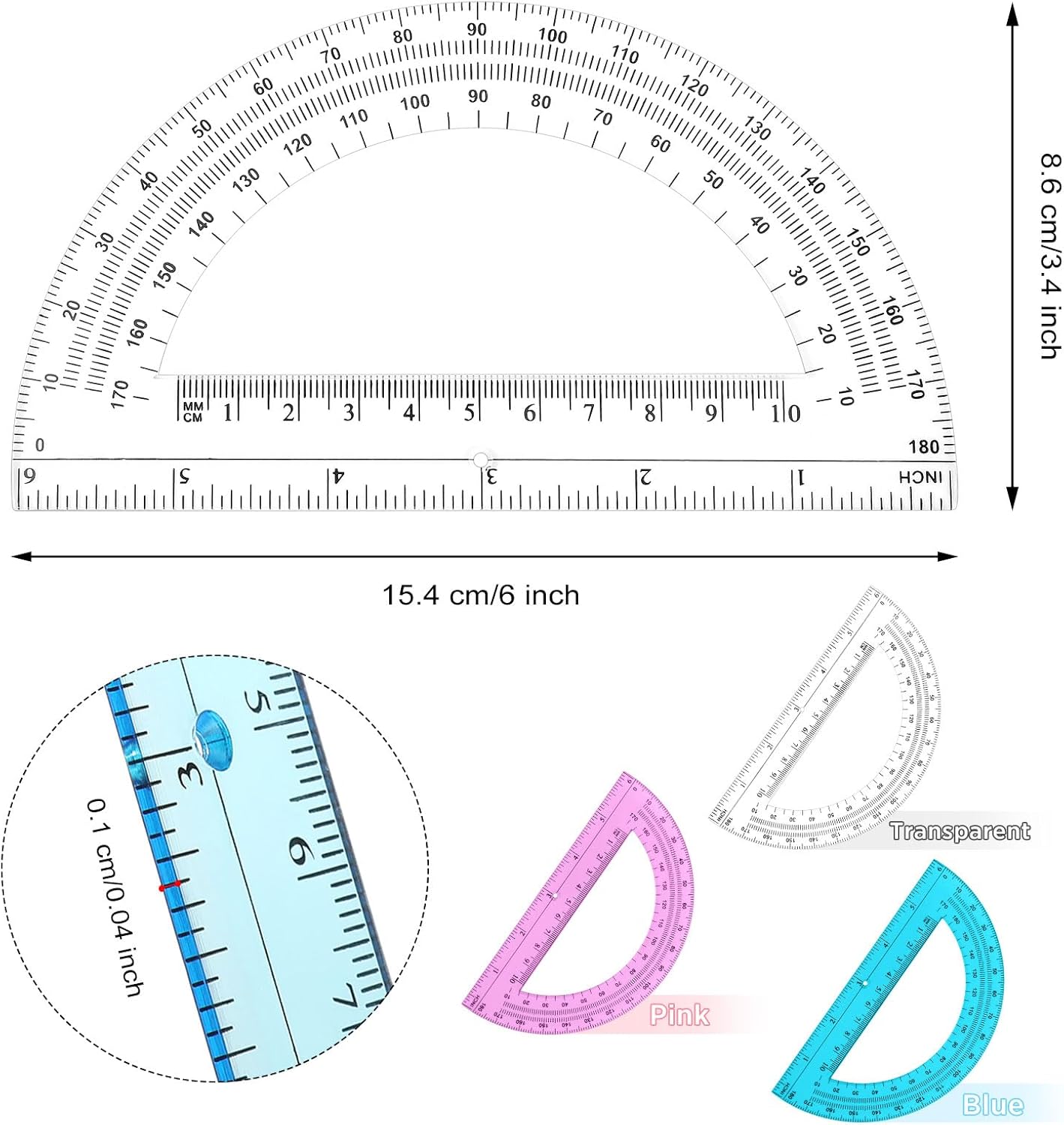 Zonon 12 Pack 6 Inch Plastic Protractor Back to School Protractors 180 Degrees Pink Blue Clear Protractors for Classroom Math Teacher Student Office Supplies