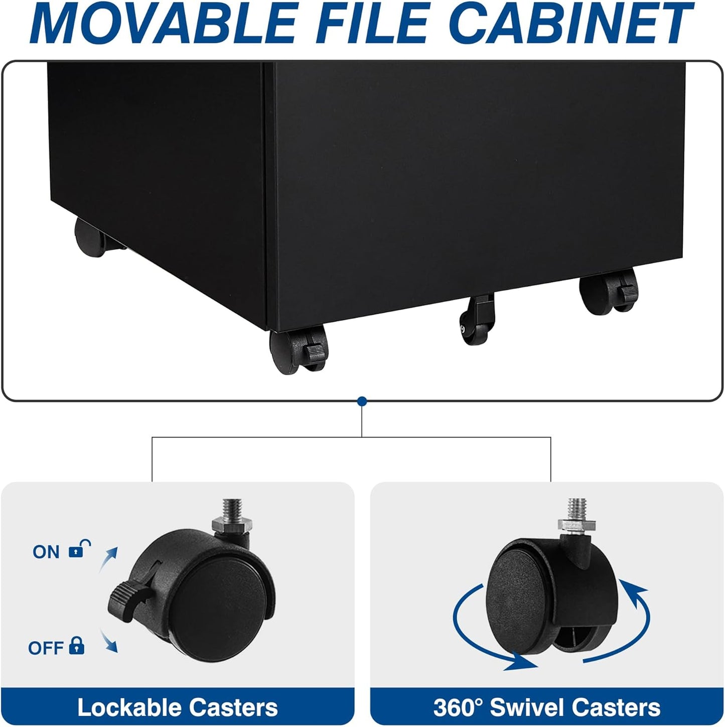 3 Drawer Mobile Metal File Cabinet, Black Filling Cabinets with Lock, Pre-Built Office Storage File Cabinet with Wheels Under Desk - Assembled Required