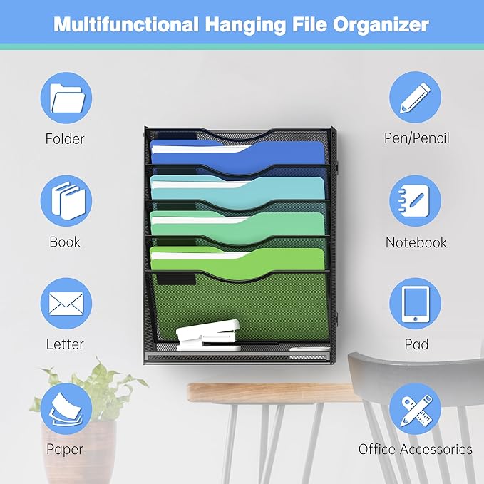 Kuntine.B Wall File Organizer Office Hanging Magazine Holder Wall File Organizer for Office Home (Black, 6 Tier & Hangers)