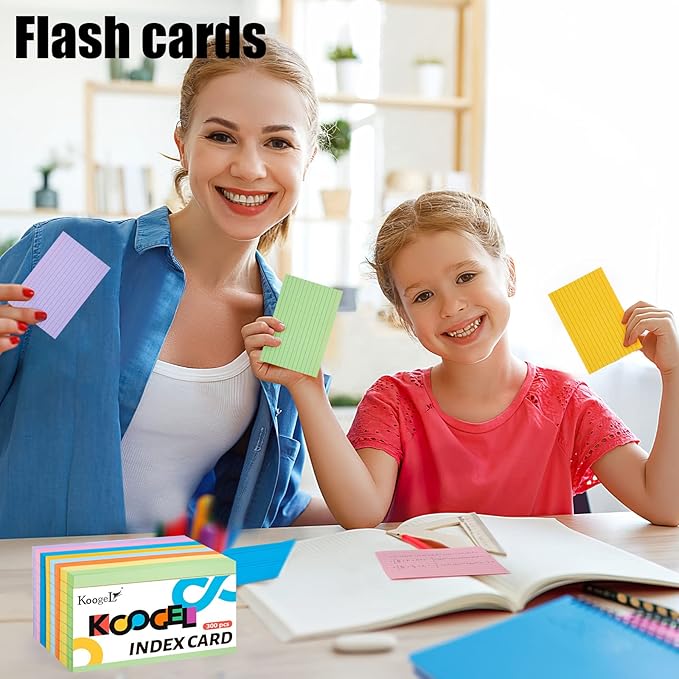 Koogel Colored Index Cards 3x5, 300 Count, Ruled Lined both Side, 8 Assorted Colors, Flash Cards for Studying, Heavy Note Cards for Office, Home and School